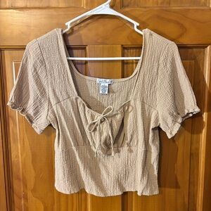 Beige Textured Crop Top with Bow